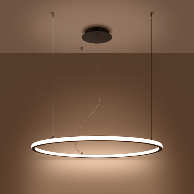 Lustre Ring Éclat 90 cm noir allumé, halo continu 3000K par la face inférieure de l'anneau