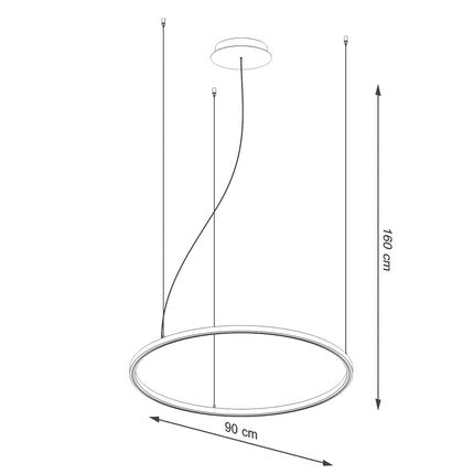 Schéma des dimensions du Lustre Ring Éclat : 90 cm de diamètre, 160 cm de hauteur