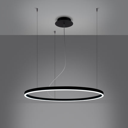 Lustre Ring Lumineux 80 cm noir allumé, halo circulaire 3000K par la face intérieure