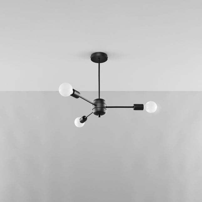 Lustre Satellite 3 noir en acier, structure filaire à trois bras et douilles E27, vue packshot sur fond blanc