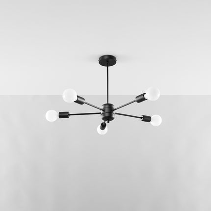 Lustre Satellite 5 noir en acier, structure filaire à cinq bras et douilles E27, vue packshot sur fond blanc
