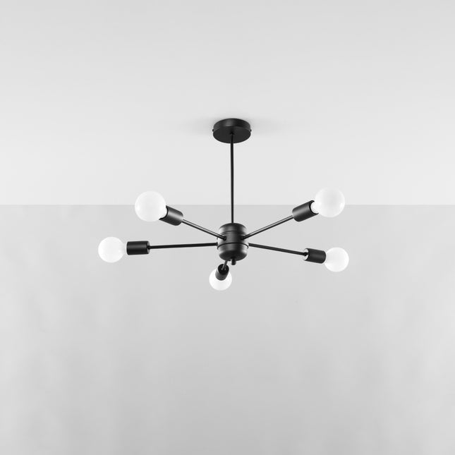 Lustre Satellite 5 noir en acier, structure filaire à cinq bras et douilles E27, vue packshot sur fond blanc