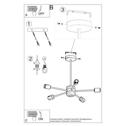 Lustre Satellite 5 noir vu de face, structure filaire style loft avec cinq points lumineux allumés