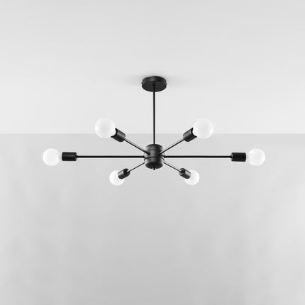 Lustre Satellite 6 noir en acier, structure filaire à six bras et douilles E27, vue packshot sur fond blanc