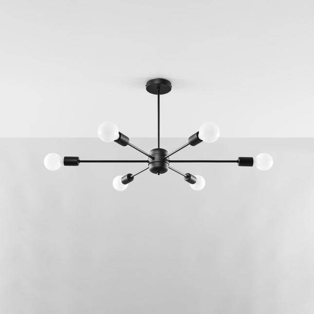 Lustre Satellite 6 noir en acier, structure filaire à six bras et douilles E27, vue packshot sur fond blanc