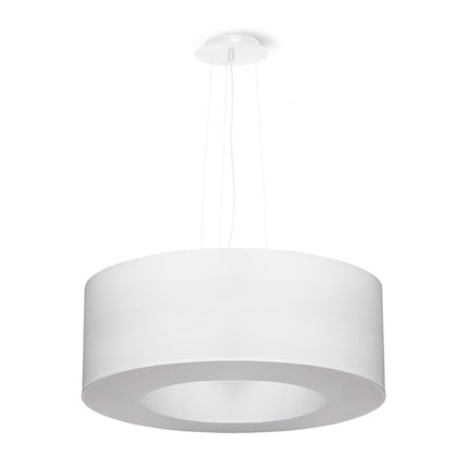 Lustre Saturne 50 blanc sur fond blanc, abat-jour rond en tissu et trois câbles de suspension fins
