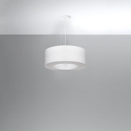 Lustre Saturne 50 blanc suspendu, large abat-jour tambour en tissu blanc au disque diffusant central