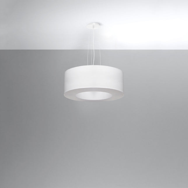 Lustre Saturne 50 blanc suspendu, large abat-jour tambour en tissu blanc au disque diffusant central