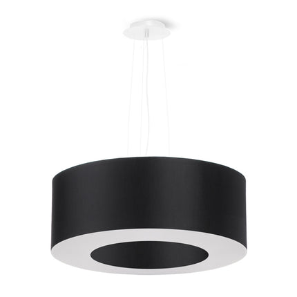 Lustre Saturne 50 noir sur fond blanc, abat-jour rond en tissu et trois câbles de suspension fins