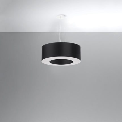 Lustre Saturne 50 noir suspendu, large abat-jour tambour en tissu noir au disque diffusant clair