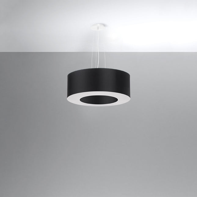 Lustre Saturne 50 noir suspendu, large abat-jour tambour en tissu noir au disque diffusant clair