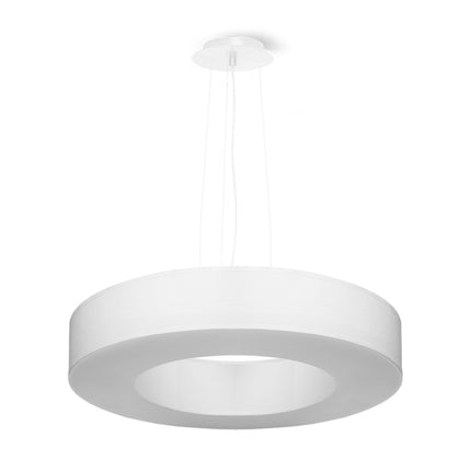 Lustre Saturne Slim 50 blanc sur fond blanc, disque de tissu fin et trois câbles de suspension