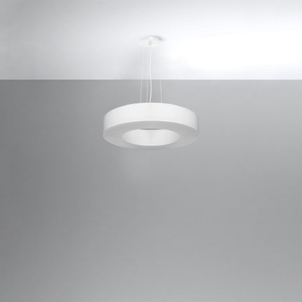 Lustre Saturne Slim 50 blanc suspendu, abat-jour plat en tissu blanc au disque diffusant central