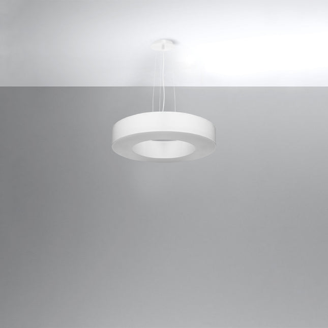 Lustre Saturne Slim 50 blanc suspendu, abat-jour plat en tissu blanc au disque diffusant central