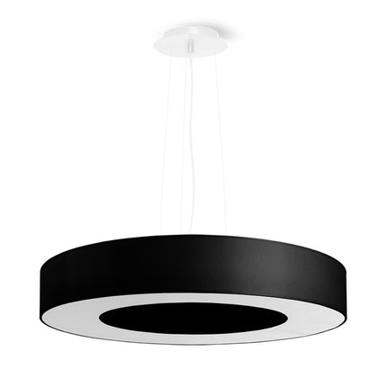 Lustre Saturne Slim 50 noir sur fond blanc, disque de tissu fin et trois câbles de suspension