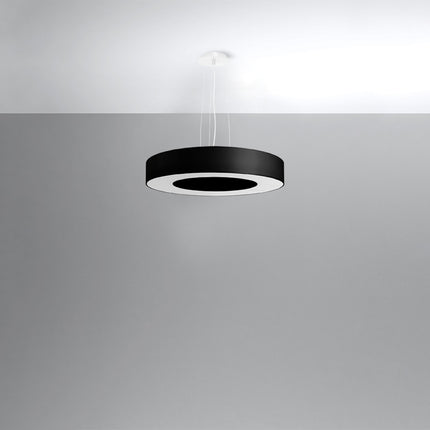 Lustre Saturne Slim 50 noir suspendu, abat-jour plat en tissu noir au disque diffusant clair central