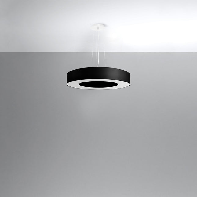 Lustre Saturne Slim 50 noir suspendu, abat-jour plat en tissu noir au disque diffusant clair central