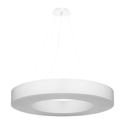 Lustre Saturne Slim 70 blanc sur fond blanc, large disque de tissu et trois câbles de suspension