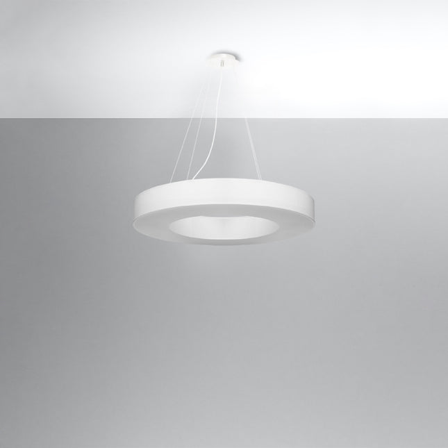 Lustre Saturne Slim 70 blanc suspendu, large abat-jour plat en tissu blanc au disque diffusant central
