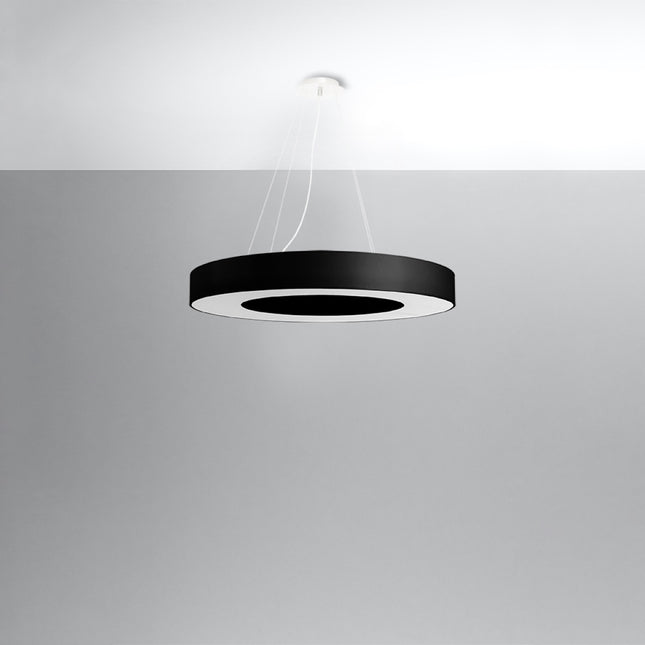 Lustre Saturne Slim 70 noir suspendu, large abat-jour plat en tissu noir au disque diffusant clair