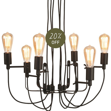Lustre Seattle 6 bras en fer noir mat sur fond blanc, vue d'ensemble du luminaire