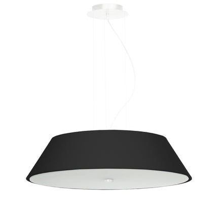 Lustre Trapèze en tissu noir 60 cm suspendu par câbles, abat-jour trapézoïdal et diffuseur en verre blanc, sur fond blanc