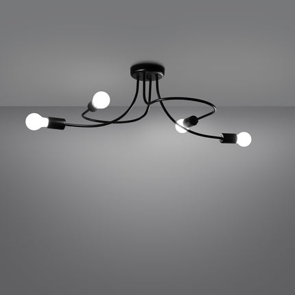 Lustre Twist Moderne 4 bras noir allumé sur fond gris foncé