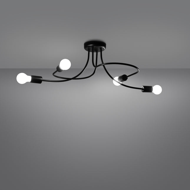 Lustre Twist Moderne 4 bras noir allumé sur fond gris foncé