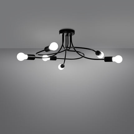 Lustre Twist Moderne 6 bras noir allumé sur fond gris foncé