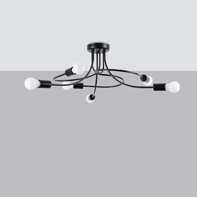 Lustre Twist Moderne 6 bras noir avec boucles décoratives sur fond gris clair