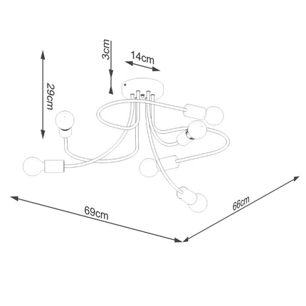 Schéma des dimensions du lustre Twist Moderne 6 bras noir