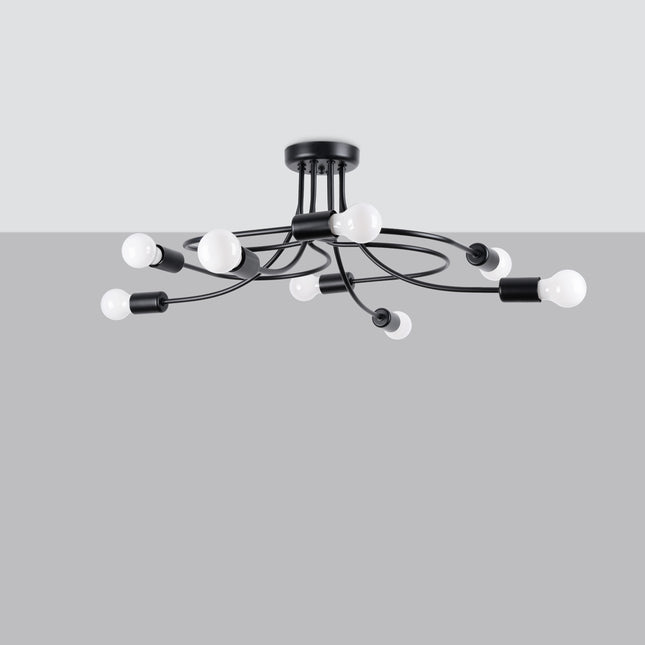 Lustre Twist Moderne 8 bras noir avec boucles décoratives sur fond gris clair