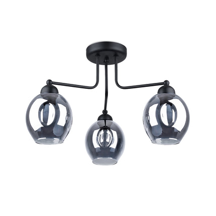 Lustre plafonnier verre creusé fumé noir 3 lumières, globes en verre soufflé sur bras acier