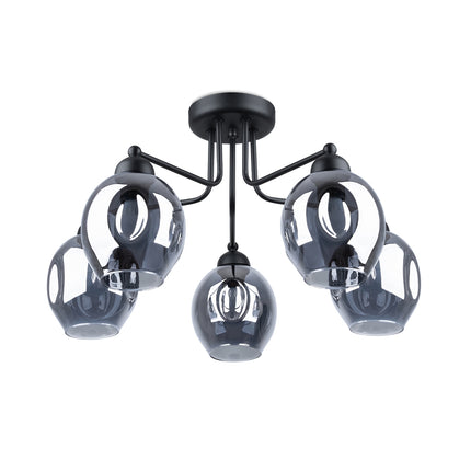 Lustre plafonnier verre creusé fumé noir 5 lumières, globes en verre soufflé sur bras acier