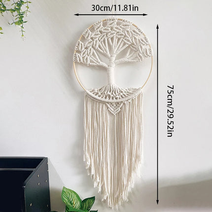 Schéma des dimensions du macramé arbre de vie écru, cerceau 30 cm et hauteur 75 cm