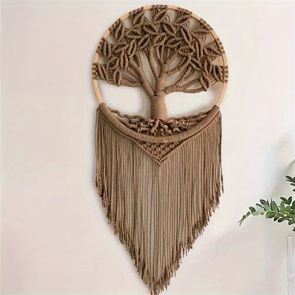 Macramé mural arbre de vie en coton marron sur un mur clair