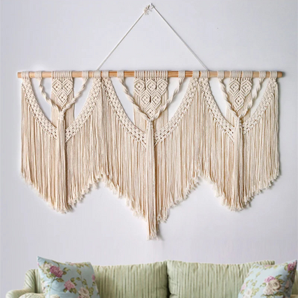 Macramé mural en coton naturel à motifs géométriques bohème