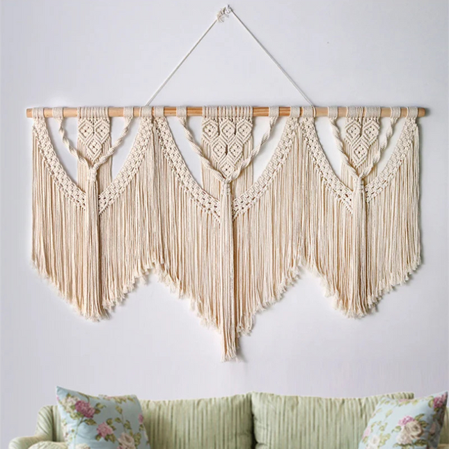 Macramé mural en coton naturel à motifs géométriques bohème