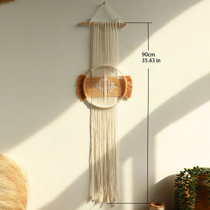 Schéma des dimensions du macramé rond suspendu : 90 cm de hauteur