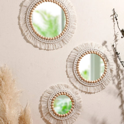 Miroir mural bohème en macramé tissé à la main avec pompons