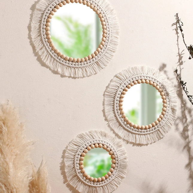 Miroir mural bohème en macramé tissé à la main avec pompons