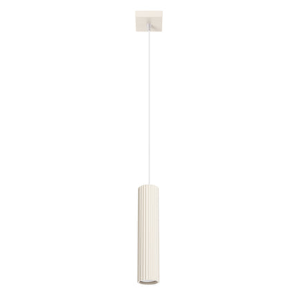 Suspension Oslo 1 beige, vue de face du câble et du cylindre cannelé en aluminium sur fond neutre.