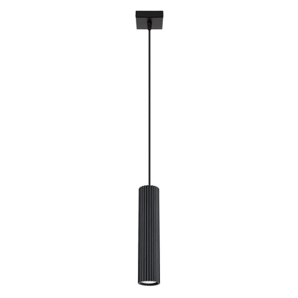 Suspension Oslo 1 noire, vue de face du câble et du cylindre cannelé en aluminium sur fond neutre.