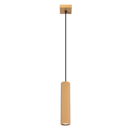 Suspension Oslo 1 dorée, vue de face du câble et du cylindre cannelé en aluminium sur fond neutre.