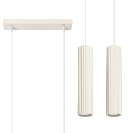 Lampe suspendue Oslo 2 beige, double abat-jour cannelé aluminium, vue de face sur fond blanc