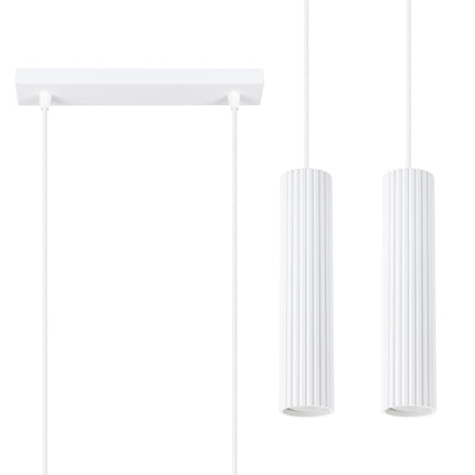 Lampe suspendue Oslo 2 blanc, double abat-jour cannelé aluminium, vue de face sur fond blanc