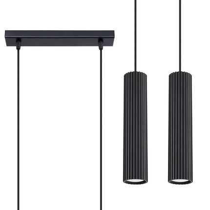 Lampe suspendue Oslo 2 noir, double abat-jour cannelé aluminium, vue de face sur fond blanc