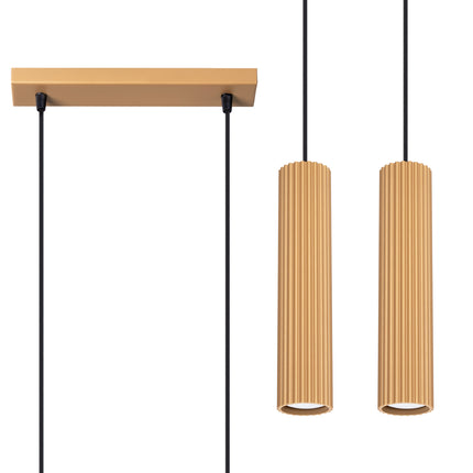 Lampe suspendue Oslo 2 or, double abat-jour cannelé aluminium doré, vue de face sur fond blanc