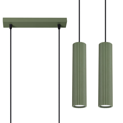 Lampe suspendue Oslo 2 vert, double abat-jour cannelé aluminium, vue de face sur fond blanc