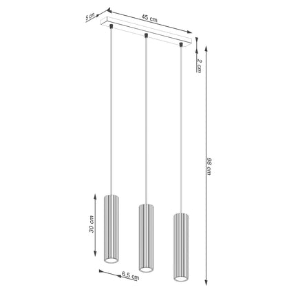 Schéma technique avec les dimensions de la suspension Oslo 3 lumières blanc